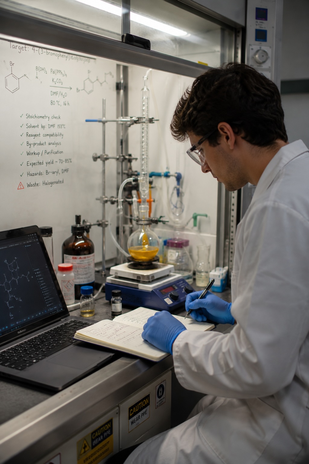 Scientist reviewing protocol notes beside a fume hood